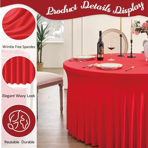 Outpain 6 Pack Spandex Red Round Tablecloths for 60in Tables, 120Inch Stretchy Fitted 5FT Round Table Clothes,Wrinkle Free Table Cover with Skirt for Wedding Party Dining Banquet - Image 3