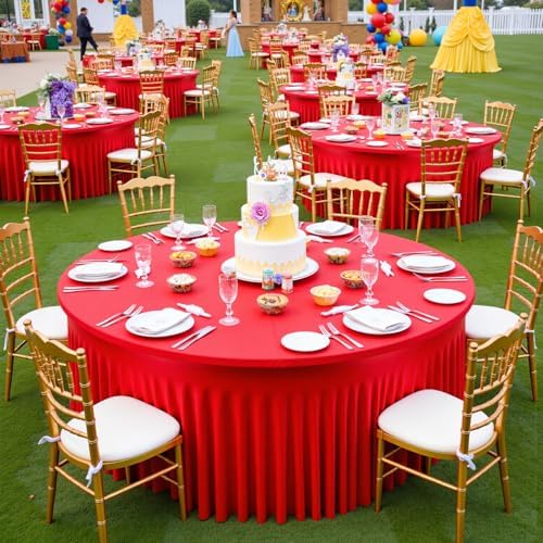 Outpain 6 Pack Spandex Red Round Tablecloths for 60in Tables, 120Inch Stretchy Fitted 5FT Round Table Clothes,Wrinkle Free Table Cover with Skirt for Wedding Party Dining Banquet - Image 2