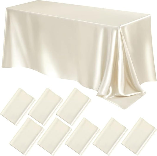 Lounsweer 8 Packs Satin Tablecloth 102 x 58 Inches Rectangle Table Cover Silk Smooth Fabric Party Table Cloth for Rectangle Parties, Holiday Dinner Wedding Banquet Decoration(Ivory)