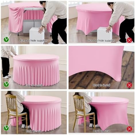 Outpain 6 Pack Spandex Pink Round Tablecloths for 60in Tables, 120Inch Stretchy Fitted 5FT Round Table Clothes,Wrinkle Free Table Cover with Skirt for Wedding Party Dining Banquet - Image 5