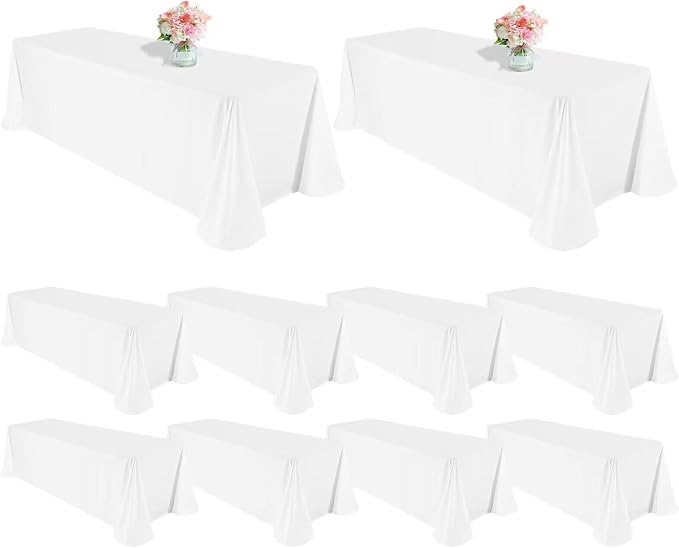 10 Pack White Tablecloths for 6ft Tables-90 x 132 Inch | Polyester Table Cover, Stain and Wrinkle Resistant Washable Fabric Table Cloth, Perfect for Wedding Banquet Parties by REWOMC