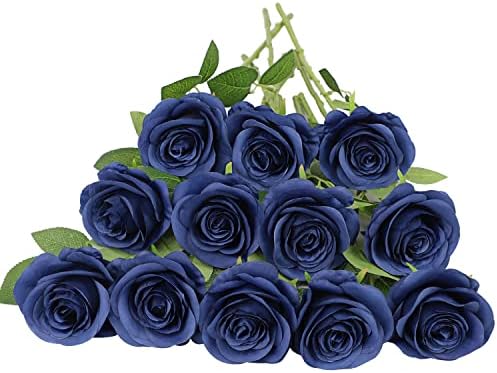 JUSMAI 12pcs Roses Artificial Flowers Navy Blue Fake Roses Flowers with Long Stems Silk Flowers for Wedding Bouquet Centerpices Decorations Party Bridal Baby Shower Home Decor - Image 3