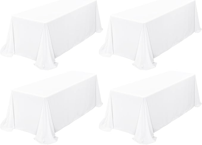 Showgeous 4 Pack White Polyester 90x132 Inch Tablecloths | Soft polyester, wrinkle resistant, fade resistant, smooth finish, fine stitching, folded hems, reusable, machine washable by Showgeous
