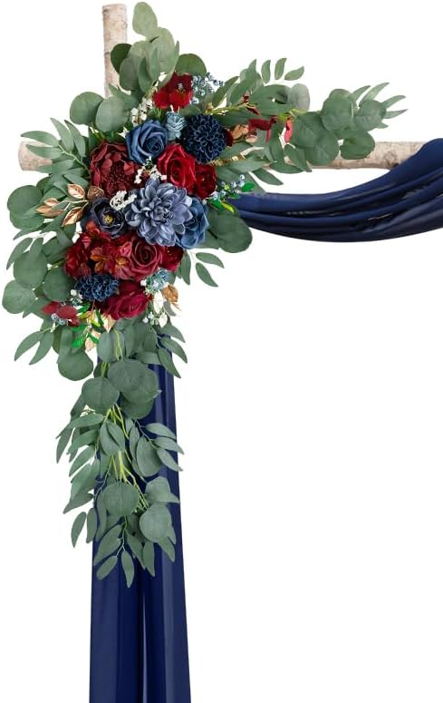 ponatia Burgundy & Navy Blue Artificial Wedding Arch Floral Swags Kit | Wedding Flowers Pack of 3, with 26Ft Shiny Arch Drapery Fabric for Wedding Ceremony & Reception Backdrop Decorations - Image 6