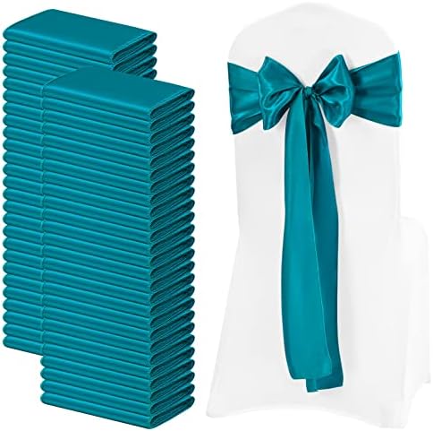 72 PCS Satin Chair Sashes Bows for Wedding Reception, Turquoise Universal Decoration Chair Cover Back Tie Supplies, Washable Reusable Chair Ribbons for Wedding Events Banquets (7 x 108 inch) by FXKS