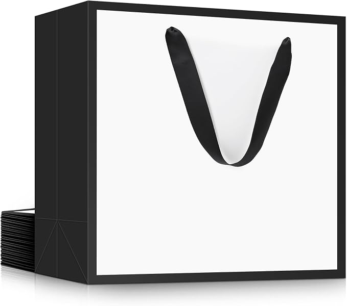 EUSOAR Small Paper Bags 12pcs 8.6"x3.9"x7" Thank You Retail Shopping & Party Favors Grocery & Gift Wrap Bags Bulk Wedding & Birthday Party & Craft Bags-White/Black by EUSOAR
