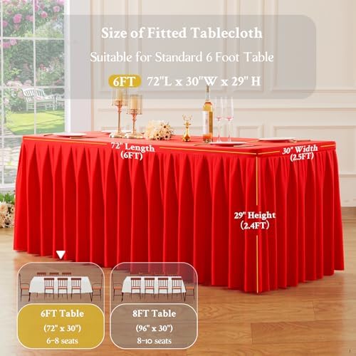 2 Pack Red Rectangle Tablecloth 6 FT Stretch Spandex Fitted Table Cloth for 6 Foot Rectangle Tables Banquet Tablecloths Wrinkle Free Table Cover Skirt Ruffle Tablecloths for Party Wedding Birthday - Image 5