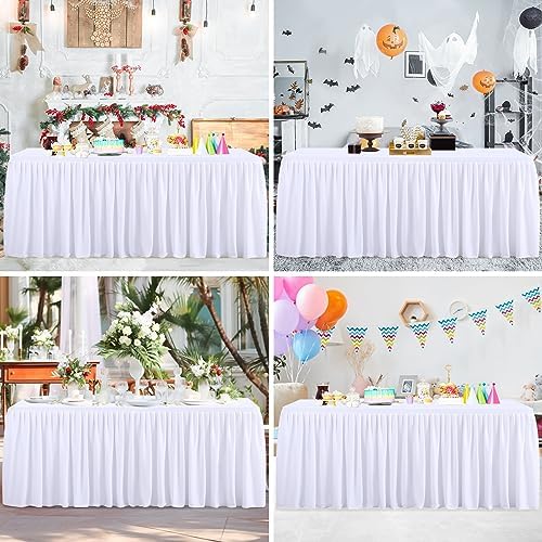 PARTISKY 6 Pack White Tablecloths for Rectangle Tables 8ft, Wrinkle Resistant White Table Cover Fitted Stretch Table Cloth with Pleated Ruffle Skirts for Party Banquet Dining Birthday Wedding - Image 3