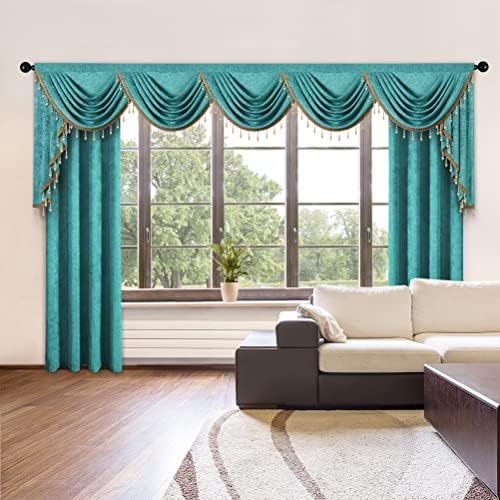 ELKCA Double-Sided Chenille Valance for Living Room Turquoise Curtains Valance with Gold Beads for Bedroom,Rod Pocket(W138Inch,1 Panel) - Image 2