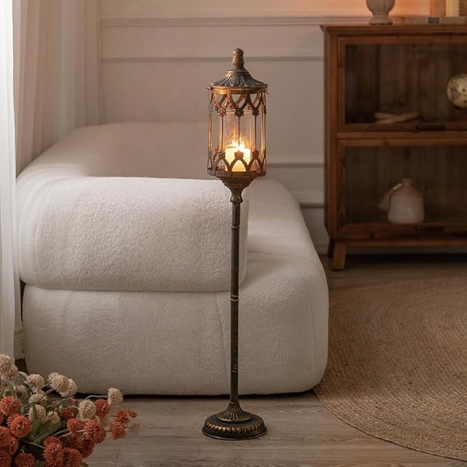 Vintage Floor Candelabra - 37.1" Tall Antique Gold Candle Holder with Glass Lantern, Rustic Gothic Metal Pillar Stand for Home Decor, Wedding & Event Centerpiece