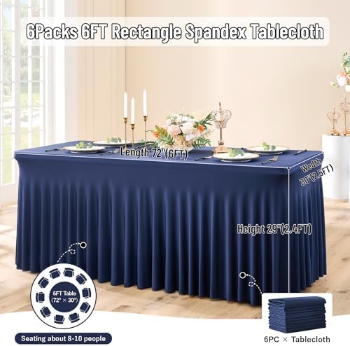 leegleri 6 Pack Navy Blue Spandex Table Clothes for 6 Foot Rectangle Tables, Wrinkle Free Fitted Table Cover 6ft Stretch Tablecloths with Skirt for Parties Weddings Birthday Banquet Baby Shower - Image 6
