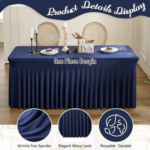leegleri 6 Pack Navy Blue Spandex Table Clothes for 6 Foot Rectangle Tables, Wrinkle Free Fitted Table Cover 6ft Stretch Tablecloths with Skirt for Parties Weddings Birthday Banquet Baby Shower - Image 3