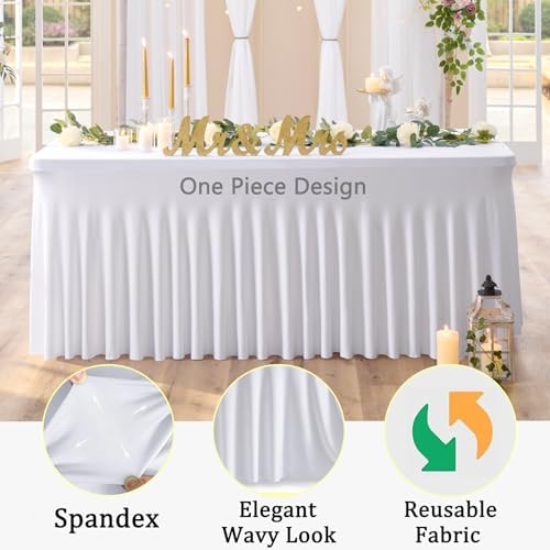 6 Pack Spandex White Tablecloths for 8 Foot Rectangle Tables, Stretchy Table Cloths 8ft Fitted Table Cover Desk Skirt for Parties Weddings Birthday Banquet Baby Shower - Image 3