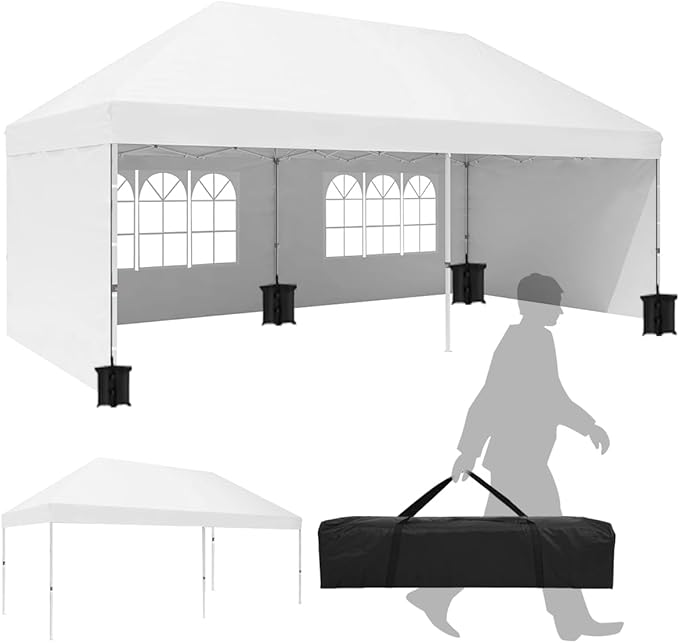 Eachbid 10' x 20' Pop Up Canopy Gazebo Commercial Tent with 4 Removable Sidewalls, Large Party Tent, Event Shelter Gazebo Canopy with 4 Sandbags, Stakes X12, for Patio Party Weddings Picnic (White)