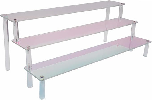 MY MIRONEY 3 Tier Acrylic Riser Display Shelf Iridescent Display Stand Figurines Decoration Organizer Cupcakes Holder for Display Food Desserts Collectibles Perfume Makeup(15.75" x 7.28" x 5.91")