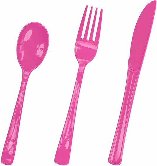 HEIPINIUYE 75 Pack Hot Pink Plastic Cutlery Heavy Duty Hot Pink Plastic Knives Forks and Spoons Disposable Silverware Set for 25 Guest Camping Birthday Baby Shower Party Cutlery Set