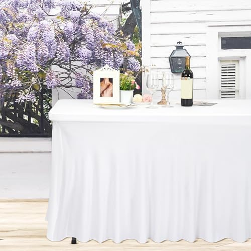 4 Pack White Spandex Table Skirts for 8 Ft Rectangular Tables - Image 5