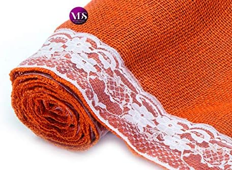 VDS Pack of 15, Burlap Table Runner with White Lace Edge, 100% Natural Jute Rustic Hessian Table Cloth Centerpiece for Wedding Birthday Party Banquet Table Decoration (Size 12X108 Inch)(Orange) - Image 5