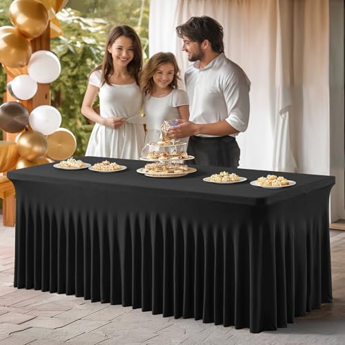 PARTISKY 2 Pack Black Spandex Table Cover with Skirt - 6ft Rectangle One-Piece Stretch Tablecloth for Wedding, Banquet, Birthday Party, Trade Shows & Foldable Tables - Image 2