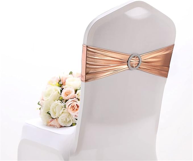 Dimatic Spandex Chair Sashes Bands 50PCS Stretch Chair Cover Ties Bows with Buckle Slider Wedding Party Reception Banquet Decoration (Metallic - Rose Gold) by Dimatic