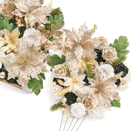 Ling's moment Christmas Flowers Artificial, White Poinsettias Artificial Christmas Flowers and Greenery Deluxe Combo for DIY Wedding Bridal Bouquet, Centerpieces, Home, Floral Arrangement Decor, etc. by LingsMoment