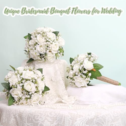 Artificial Bridesmaid Bouquets Set of 6 for Wedding - 7 inch White Flowers Bouquets for Bridesmaids, Faux Rose Gypsophila Rustic Small Floral Bouquet Fake Boho Wedding Party Ceremony Anniversary Decor - Image 6