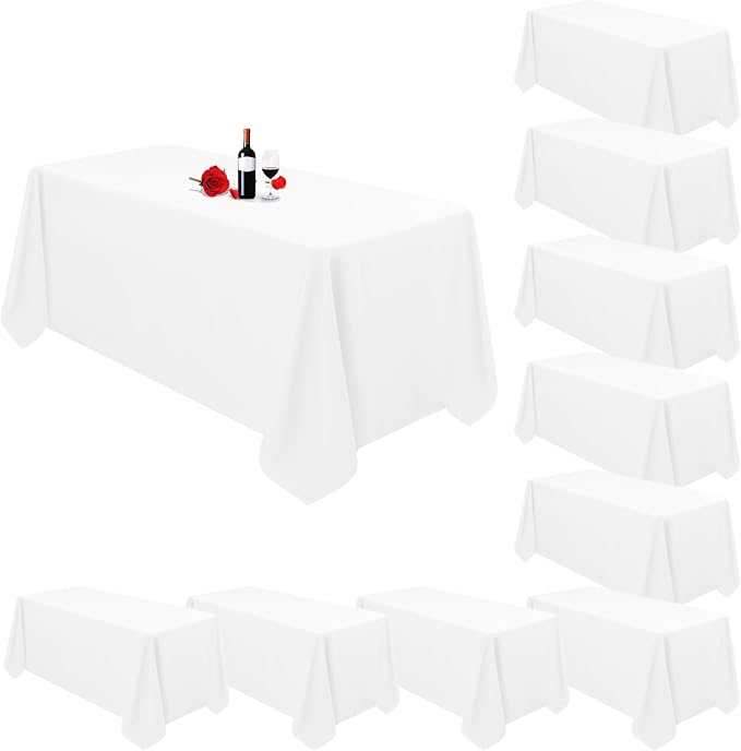 10 Pack White Tablecloths for 6 Foot Rectangle Tables 90 x 132 Inch White Table Linens Stain and Washable Polyester Fabric Table Covers for Wedding Reception Banquet Party Restaurant by Lumaycens