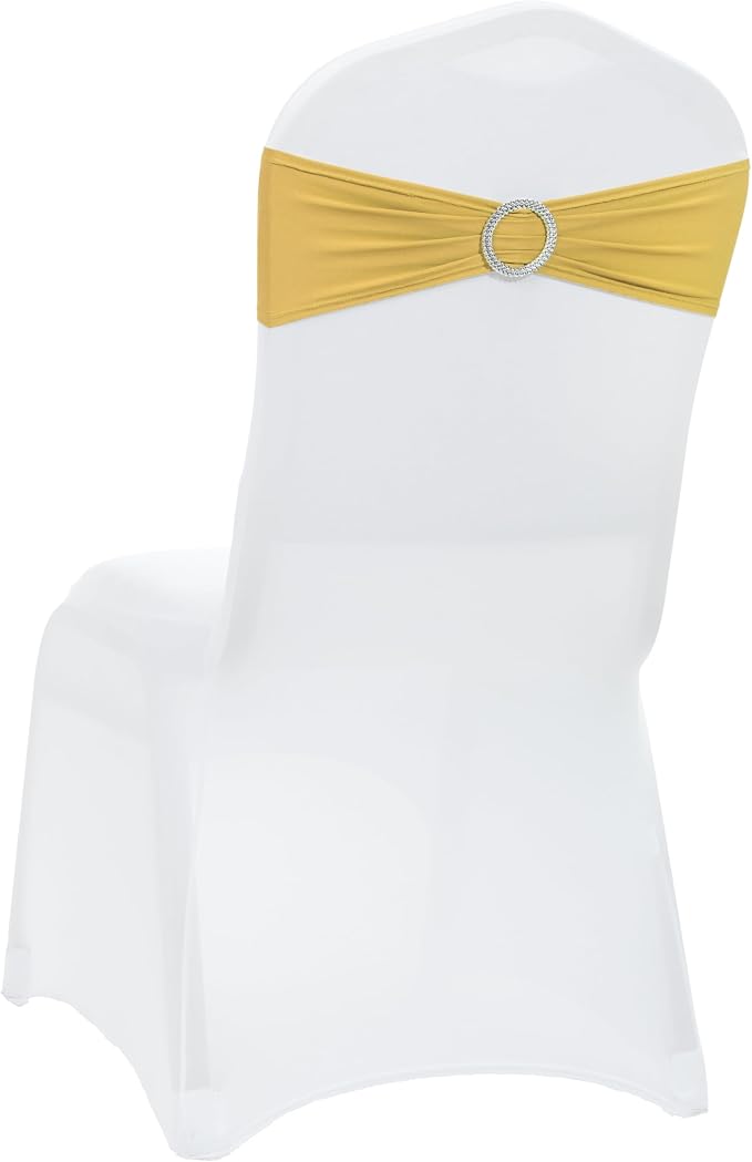VDS - Gold | Spandex Chair Sashes Bows | 300 PCS | Stretch Elastic Banquet Universal Folding Chair Band Tie with Silver Buckle Slider for Wedding Party Conference Celebration Event Decoration by VDS