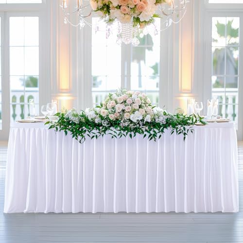 Wish Care White Table Clothes for Rectangle Tables 6ft, Wrinkle Resistant Fitted Table Cloth with Pleated Ruffle Skirts for Banquet Wedding Baby Shower Folding Table by WishCare