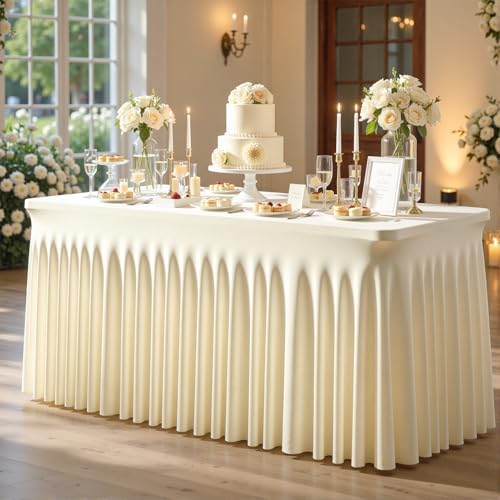 2 Pack 6ft Champagne Spandex Table Cloths for Rectangle Tables Wrinkle Free Champagne Rectangle Tablecloths, Stretch Fitted Table Cover with Skirt for Wedding Birthday Party Banquet Baby Shower Buffet - Image 4