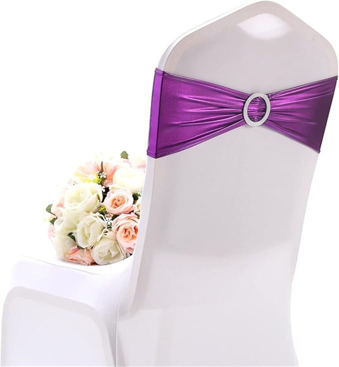 Dimatic 25 PCS Spandex Stretch Chair Sashes Bow Elastic Chair Cover Bands with Buckle Slider for Wedding, Banquet, Party, Hotel Event Decorations - Purple by Dimatic