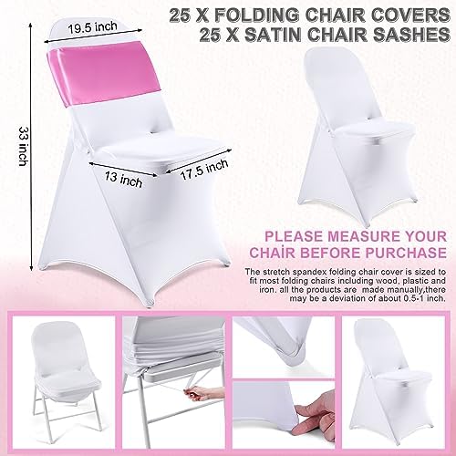 Lounsweer 50 Pcs Folding Chair Cover Set, White, Pink - Image 2