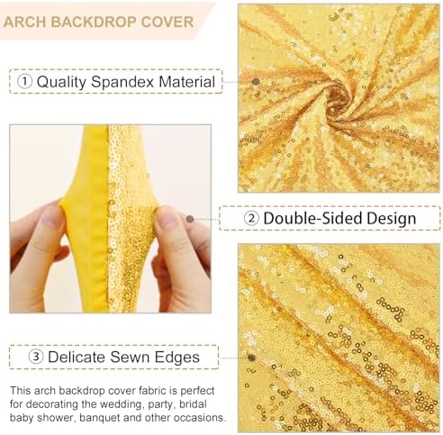 FANPROMS Sequin Arch Cover Gold 6FT 7.2FT Spandex Fitted Arch Covers Stretchy Backdrop Set of 2 Glitter Arch Stand Covers Backdrop Fabric 2-Sided Wedding Arch Cover for Gender Reveal Party Decor - Image 3