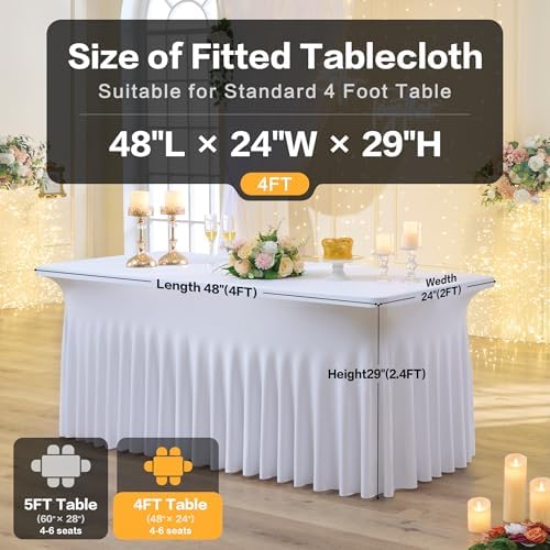 leegleri 2 Pack White Spandex Table Cloths for 4 Foot Rectangle Tables, Wrinkle Free Fitted Table Covers 4ft Stretch Tablecloths Desk Skirt for Banquet Weddings Parties Baby Shower - Image 3