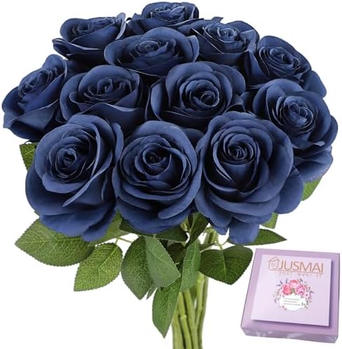 JUSMAI 12pcs Roses Artificial Flowers Navy Blue Fake Roses Flowers with Long Stems Silk Flowers for Wedding Bouquet Centerpices Decorations Party Bridal Baby Shower Home Decor by JUSMAI