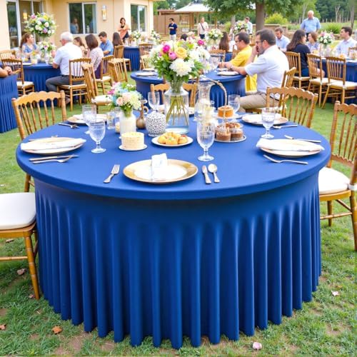 Outpain 6 Pack Royal Blue Spandex Round Tablecloths for 60in Tables, 120Inch Stretchy Fitted 5FT Round Table Clothes,Wrinkle Free Table Cover with Skirt for Wedding Party Dining Banquet - Image 6