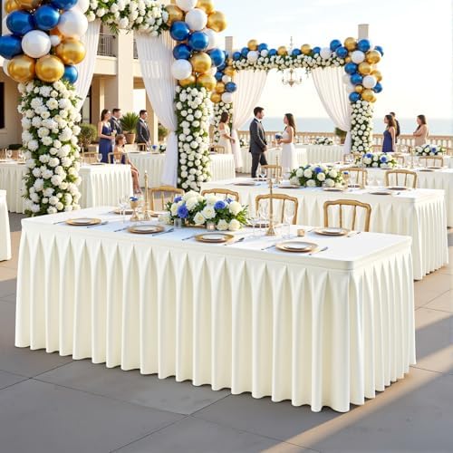 2 Pack Ivory Rectangle Tablecloth 6 FT Stretch Spandex Fitted Table Cloth for 6 Foot Rectangle Tables Banquet Tablecloths Wrinkle Free Table Cover Skirt Ruffle Tablecloths for Party Wedding Birthday - Image 4