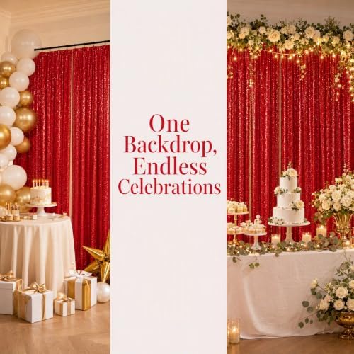 ShinyBeauty Red Sequin Backdrop 4 Panels 2x8ft for Photo Booth Curtains - Image 6