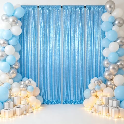 ShinyBeauty Sequin Curtains 4 Panels Baby Blue, 2x8ft Glitter Backdrop by ShinyBeauty