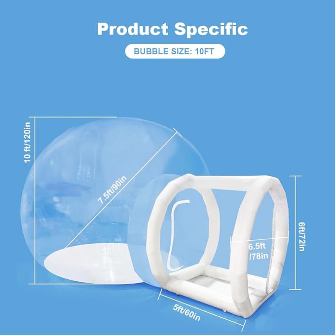 Inflatable Bubble House Tent – 10FT Clear PVC Bubble Dome with Air Pump & Blower, Commercial-Grade Weatherproof Bubble Tent for Garden, Parties, Parks (White)