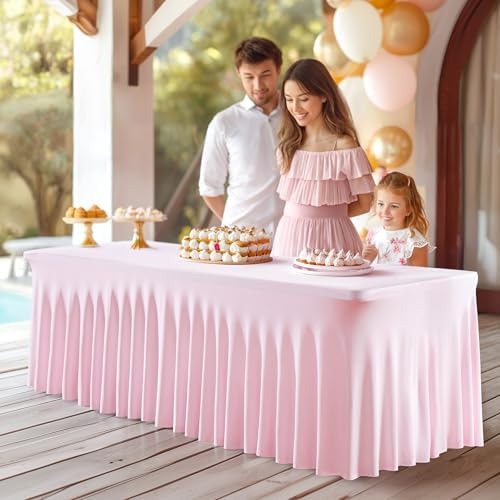 PARTISKY 4 Pack Pink Table Cover for Rectangle Tables 6ft,One-Piece Spandex Elastic Table Cloth with Skirt for Wedding Folding Table Banquet Baby Shower & Birthday Parties - Image 5