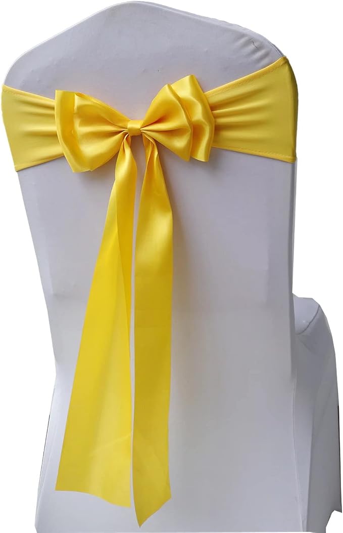 Pack of 100 Chair Sashes Spandex Chair Bands Satin Chair Sashes Chair Ribbons Bow Stretch Chair Sashes for Wedding Party Events Banquet Hotel Home Kitchen Chair Cover Decoration（100 PCS Golden Yellow） by MYS+QiQi
