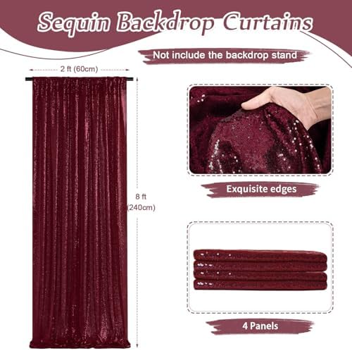 Burgundy Sequin Backdrop 4 Pcs 2ftx8ft Glitter Backdrop Curtains Birthday Party Decoration Photography Backgrounds Fabric Backdrop - Image 3