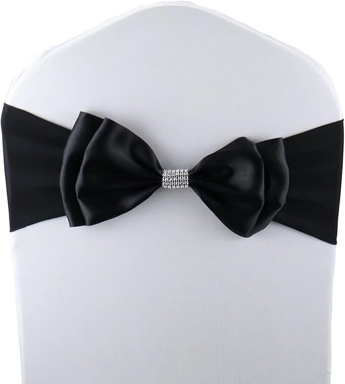 100 PCS Double Bows Stretch Chair Sashes, for Wedding Party Chair Cover Decoration, Spandex Stretch Chairs Bands (Pack of 100 Black) by MYS+QiQi