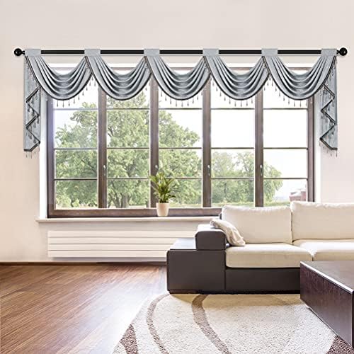 ELKCA Luxury Silver Grey Chenille Waterfall Valance for Living Room,5 Hollow Swags Curtain Valance for Bedroom,Rod Pocket, 1 Panel by ELKCA