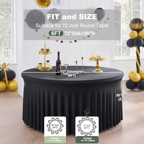 Outpain 8 Pack Black Spandex Tablecloth for 72in/6FT Round Tables, Wrinkle Free Tablecloth with Skirt for Wedding, Graduation & Banquet - Image 4