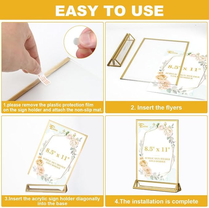 EHWINE 12 Pack Acrylic Sign Holder 8.5 x 11, Double Sided Gold Picture Frame Stand up Table Top Sign Holders, Clear Display Stand Menu Flyer Holder for Wedding Party (Provide Non-slip Mats) - Image 5