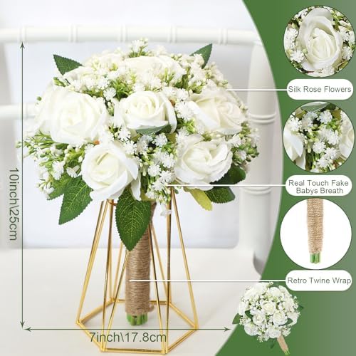 Artificial Bridesmaid Bouquets Set of 6 for Wedding - 7 inch White Flowers Bouquets for Bridesmaids, Faux Rose Gypsophila Rustic Small Floral Bouquet Fake Boho Wedding Party Ceremony Anniversary Decor - Image 2