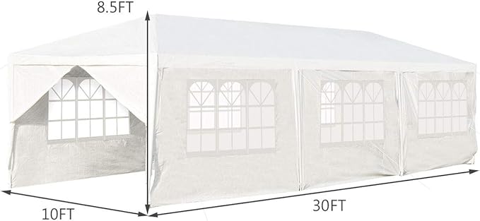 Tangkula 10' x 30' Outdoor Waterproof Gazebo Canopy w/ 6 Removable Sidewalls and 2 Doorways, Heavy Duty Large Tent w/Strong Connection Stakes Ropes for Party Wedding Events Beach BBQ (White)