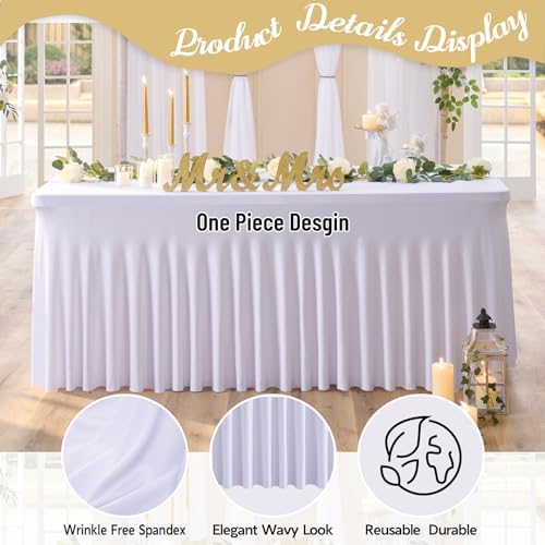 leegleri 2 Pack White Spandex Table Cloths for 4 Foot Rectangle Tables, Wrinkle Free Fitted Table Covers 4ft Stretch Tablecloths Desk Skirt for Banquet Weddings Parties Baby Shower - Image 4